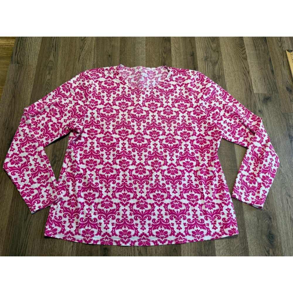 Lands' End Rash Guard Women XL Pink White Damask Long Sleeve Swim Top Excellent